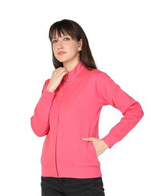 Women Cotton Blend Zipper Sweatshirt Hot Pink